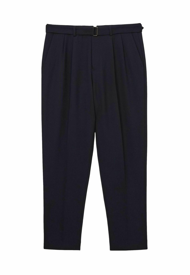 Marineblaue Hose mit Gürtelbund, gefalteter Vorderseite, schmal zulaufenden Beinen und glattem Material. Verfügt über Taschen und ein klassisches, maßgeschneidertes Design.