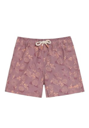 Bañador corto morado con patrones rosas de conchas marinas, estrellas de mar, coral y calaveras, con cintura elástica y cordón blanco.