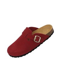 Zoccolo in suede rosso con suola in gomma nera, progettato con una fibbia laterale e apertura sul retro per una facile vestibilità. Presenta un plantare in sughero imbottito.