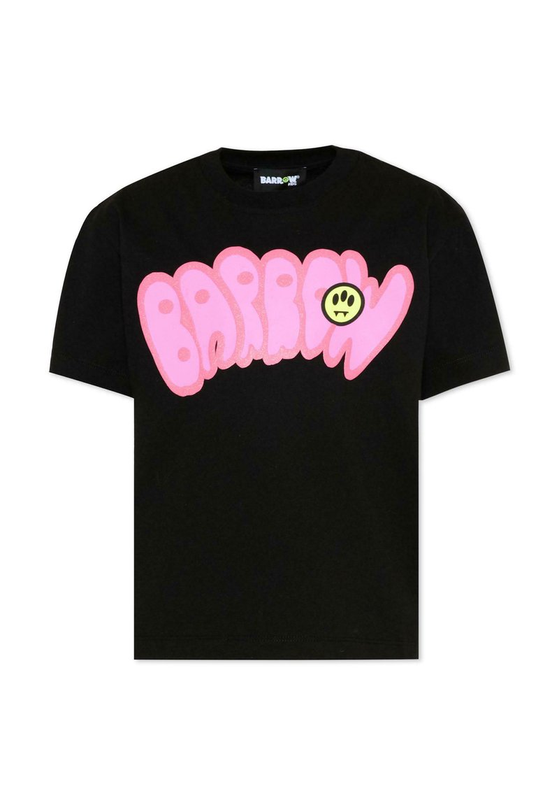Czarny t-shirt z krótkim rękawem, z dużym, różowym, pękatym napisem "BARROW" i małym żółtym uśmiechniętym buźkiem z kłami na przodzie.