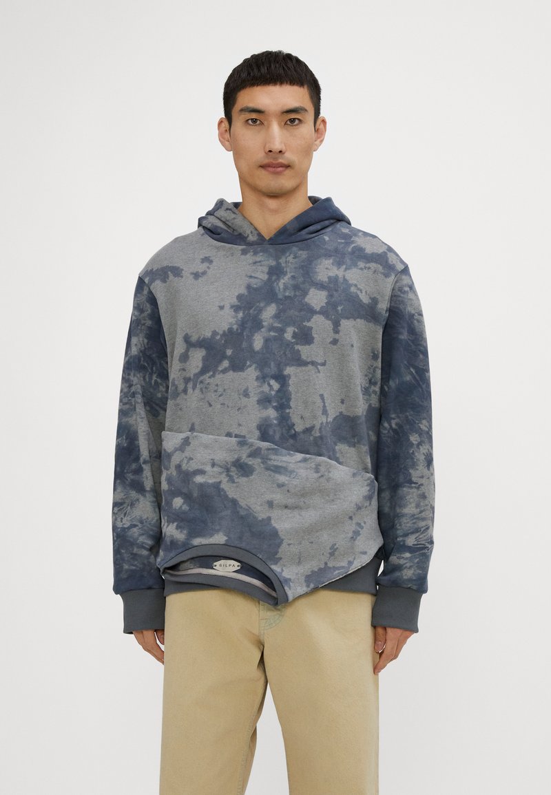 Gray and blue tie-dye hoodie with a V-neck, long sleeves, and kangaroo pocket. Features a curved hem and ribbed cuffs and waistband.