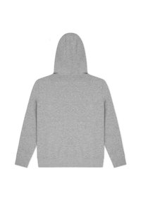 Szara bluza z kapturem wykonana z miękkiego materiału, z regulowanym kapturem, długimi rękawami i ściągaczem u dołu. Brak widocznych wzorów lub ozdób.