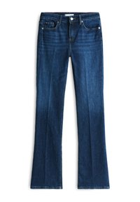 Jean denim bootcut bleu foncé avec poches avant, passants pour ceinture et fermeture par bouton.