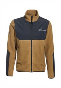 Fleece jacket in brown and navy, featuring a zip closure, high collar, side pockets, and a small logo on the chest. Soft texture.