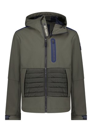 Herrenjacke mit Kapuze in Olivgrün, mit Frontreißverschluss, gesteppte Taschen und einer vertikalen Brusttasche mit Reißverschluss und blauer Umrandung.