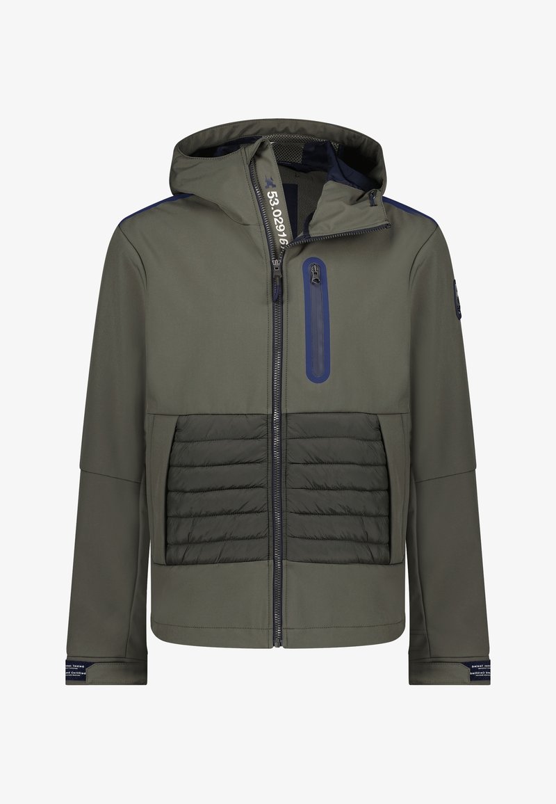 Giacca da uomo verde oliva con cappuccio, chiusura frontale con zip, tasche trapuntate e tasca verticale sul petto con zip e bordatura blu.