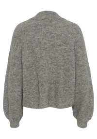 Grau gestrickte Strickjacke mit strukturiertem Finish, einem Kragen und voluminösen Ärmeln, mit einer kurzen Silhouette und lockerer Passform.
