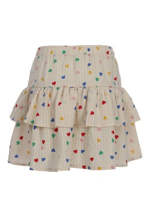 Roomkleurige gelaagde rok met meerkleurige kleine hartjespatronen en een elastische tailleband.