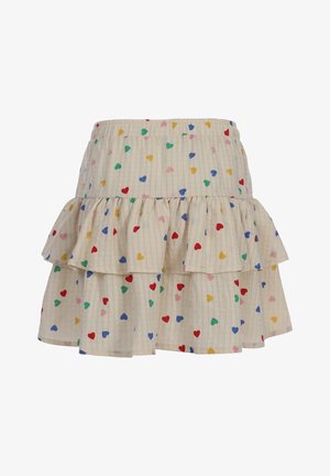 Roomkleurige gelaagde rok met meerkleurige kleine hartjespatronen en een elastische tailleband.