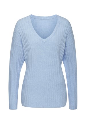 Hellblaues langärmliges Sweatshirt mit V-Ausschnitt, ausgestattet mit geripptem Muster und enganliegenden Ärmeln. Weicher Stoff mit einem lässigen Design.