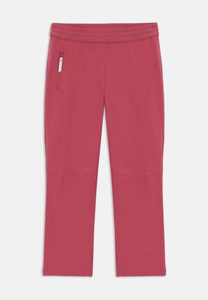 Pantaloni sportivi rosa con vita elasticizzata, tasca laterale con zip, design a gamba dritta e texture liscia. Adatti per l'abbigliamento attivo.