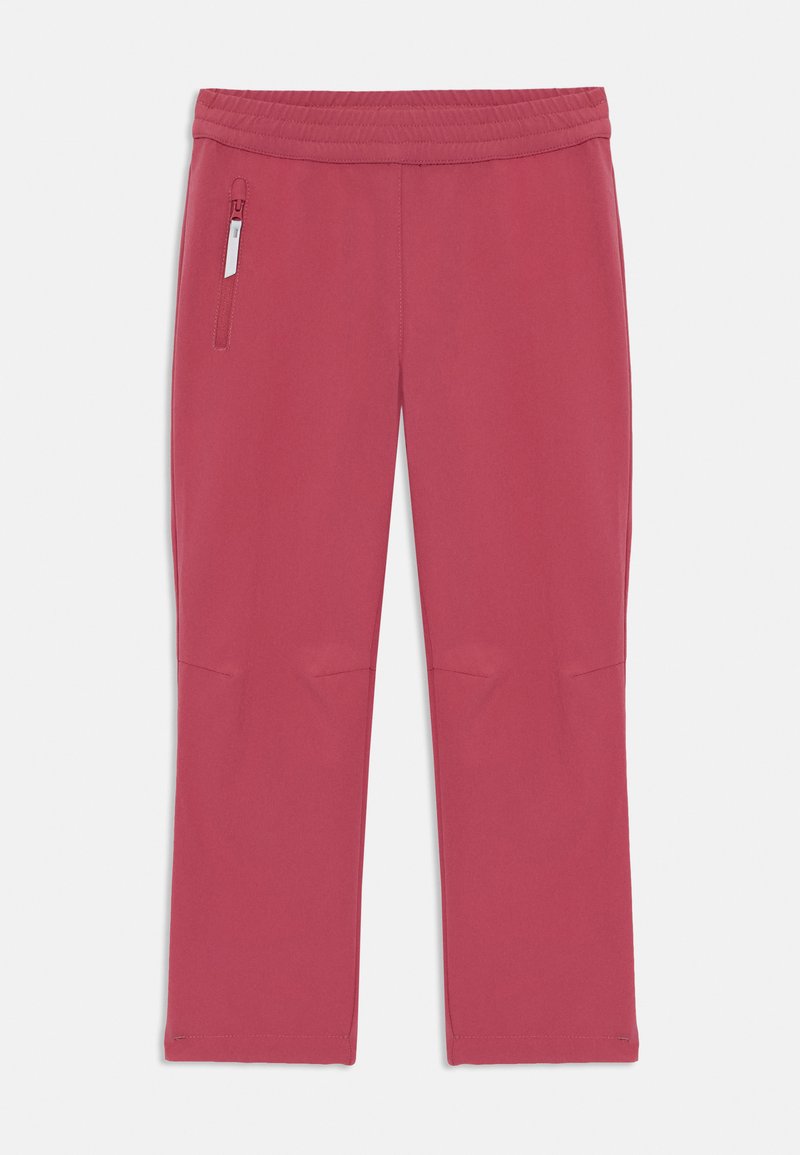 Pantalones deportivos rosa con cintura elástica, bolsillo lateral con cremallera, diseño de pierna recta y textura suave. Adecuados para ropa activa.