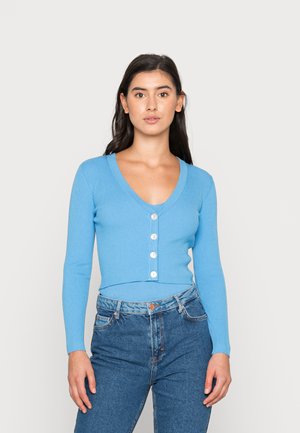 Himmelblaues geripptes Strickjacke mit tiefem V-Ausschnitt, langen Ärmeln und fünf großen Knöpfen auf der Vorderseite. Kurzer Schnitt, glatte Textur.