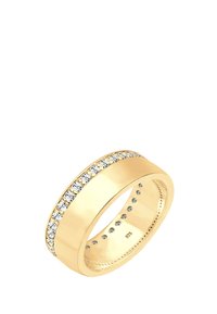 Gold ring featuring a band with a smooth surface, adorned with a row of clear stones along the top. Interior marked with "925."