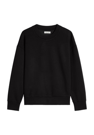 Schwarzer Sweatshirt mit Rundhalsausschnitt und langen Ärmeln, gerippte Bündchen und Saum, vor weißem Hintergrund dargestellt.