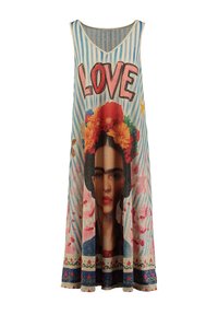 Vestido sin mangas de algodón con un colorido gráfico de Frida Kahlo, texto "AMOR" y patrones florales sobre un fondo rayado azul.