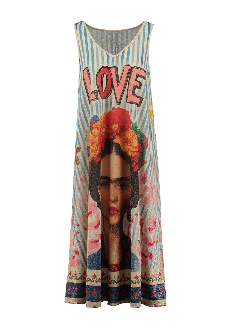 Vestido sin mangas de algodón con un colorido gráfico de Frida Kahlo, texto "AMOR" y patrones florales sobre un fondo rayado azul.