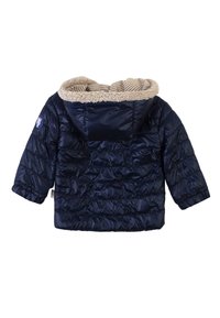 Giacca puffer blu navy con cappuccio foderato in pelliccia sintetica, motivo a righe cucite orizzontali e fodera interna a strisce. Presenta un logo ricamato.