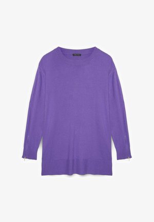 Lila Pullover mit langen Ärmeln und geripptem Hals- und Saumabschluss. Verfügt über seitliche Reißverschlüsse an den Bündchen und eine weiche, glatte Textur.