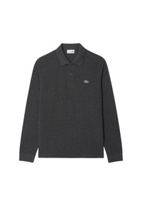 Polo a maniche lunghe in tessuto grigio scuro, con colletto classico, patta con due bottoni e logo ricamato sul lato sinistro del petto.