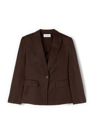 Donkerbruine colbert met één knoop, revers met inkeping en voorvakken met kleppen, op maat gemaakt voor een aansluitend silhouet.