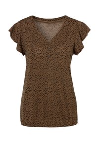 Bruine korte mouwen top met een V-hals, voorzien van een zwart dierenprintpatroon en knoopdetails aan de voorkant. Lichtgewicht stof, relaxed fit.