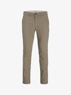 Χακί chinos από βαμβάκι; στενή γραμμή με φερμουάρ και κλείσιμο με κουμπί; διαθέτει μπροστινές τσέπες και λεία υφή.