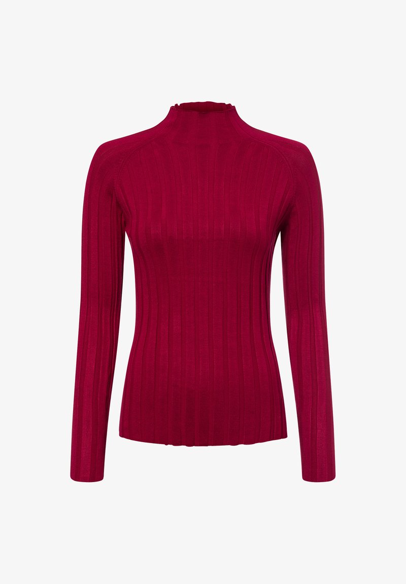 Rippensweater in Rot mit langen Ärmeln und hohem Kragen. Hergestellt aus einem glatten, dehnbaren Material. Besitzt vertikale Linien und ein tailliertes Design.