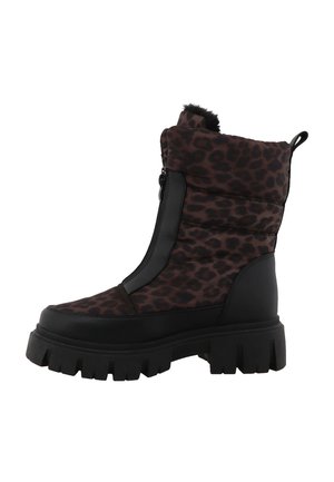 Winterlaars met dikke zwarte zool, bovenwerk van bruin en zwart leopardstof en een rits aan de voorkant.