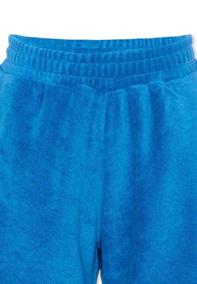 Shorts en éponge bleu vif avec une ceinture élastique et un tissu doux et texturé.