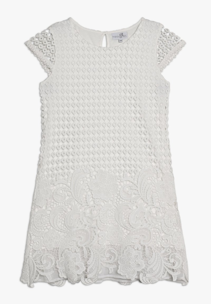 Vit klänning med en texturerad överdel med cirkulära mönster och spetsiga ärmar. Den nedre halvan är detaljerad med intrikat blommönstrad spets.