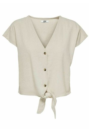 Beige linen blouse with a V-neck, cap sleeves, six buttons down the front, and a knotted hem detail. Lightweight and textured fabric.