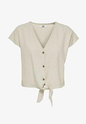Beige linbluse med V-hals, kortermet, seks knapper foran og knyttet nedre detalj. Lett og strukturert stoff.