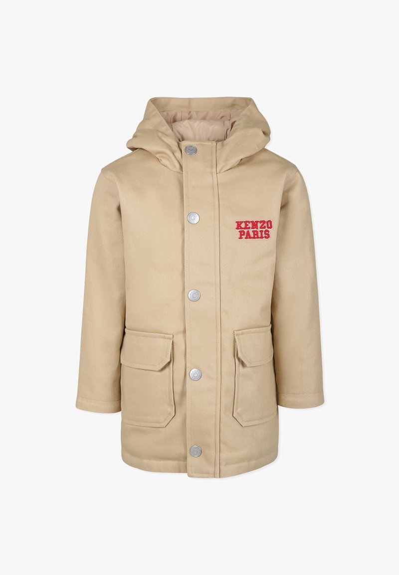 Veste capuche beige avec un tissu texturé, dotée de boutons-pression, de deux poches avant et d'un "KENZO PARIS" brodé en rouge sur la poitrine.