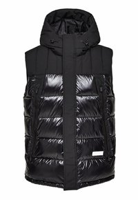 Czarna pikowana bezrękawnik z błyszczącą przednią częścią, wysokim kołnierzem ze sznurkiem ściągającym i zapinanymi na zamek kieszeniami bocznymi.