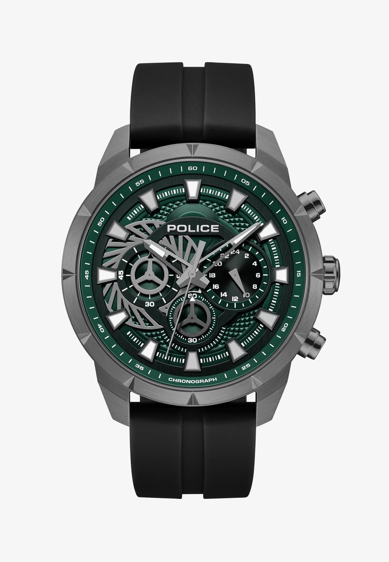 Montre chronographe avec cadran texturé vert, index argentés, trois sous-cadrans, bracelet en silicone noir, et logo "POLICE" sous 12 heures.