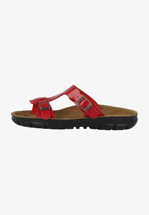 Red plastic sandals with two adjustable straps, cork footbed, and a black rubber sole featuring ridges for traction.