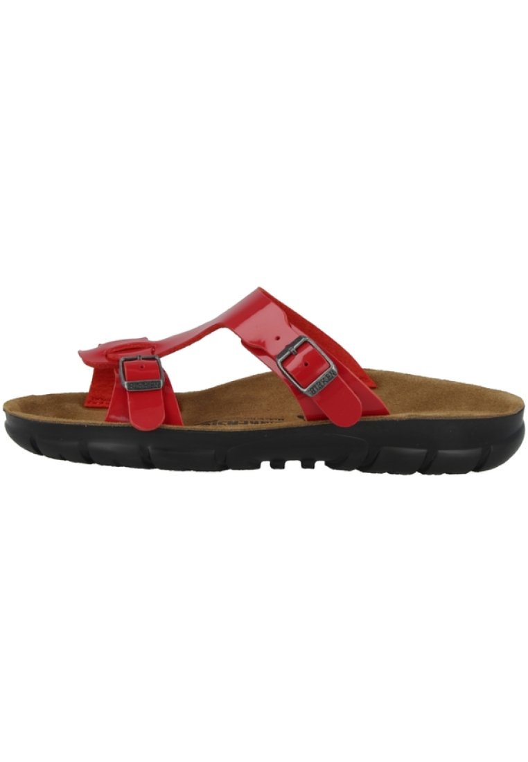 Red plastic sandals with two adjustable straps, cork footbed, and a black rubber sole featuring ridges for traction.
