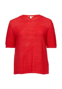 Czerwony sweter z krótkim rękawem wykonany z teksturowanej dzianiny. Klasyczny dekolt, luźny krój i ściągacze na rękawach. Brak widocznych logo lub wzorów.