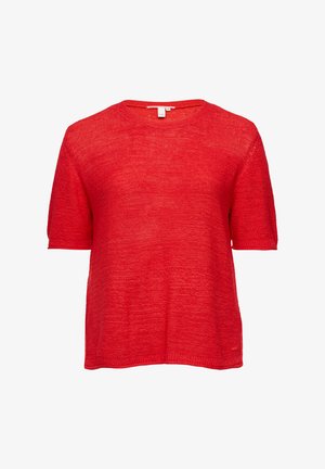 Roter kurzärmeliger Pullover aus strukturiertem Strickstoff. Rundhalsausschnitt im lässigen Schnitt mit gerippten Bündchen. Keine sichtbaren Logos oder Muster.