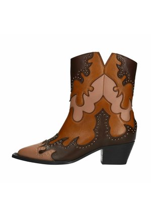 Brown leather ankle boot with a pointed toe, featuring stitched flame patterns in lighter shades, and small studded accents along the design.