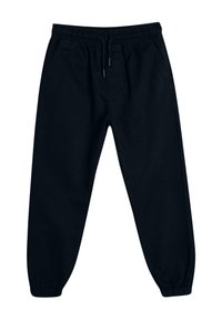 Schwarze Jogginghosen aus weichem Material, mit elastischem Bund, Kordelzug und schmal zulaufenden Säumen. Keine sichtbaren Muster oder Akzente.