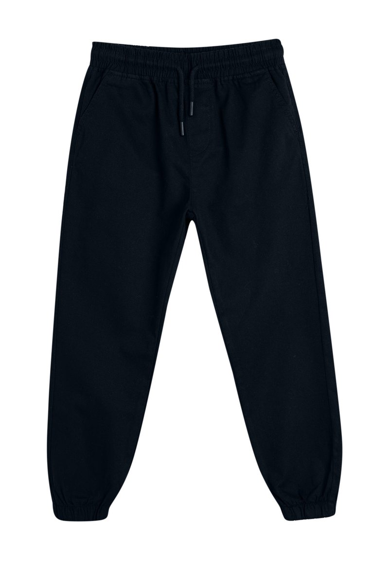 Schwarze Jogginghosen aus weichem Material, mit elastischem Bund, Kordelzug und schmal zulaufenden Säumen. Keine sichtbaren Muster oder Akzente.