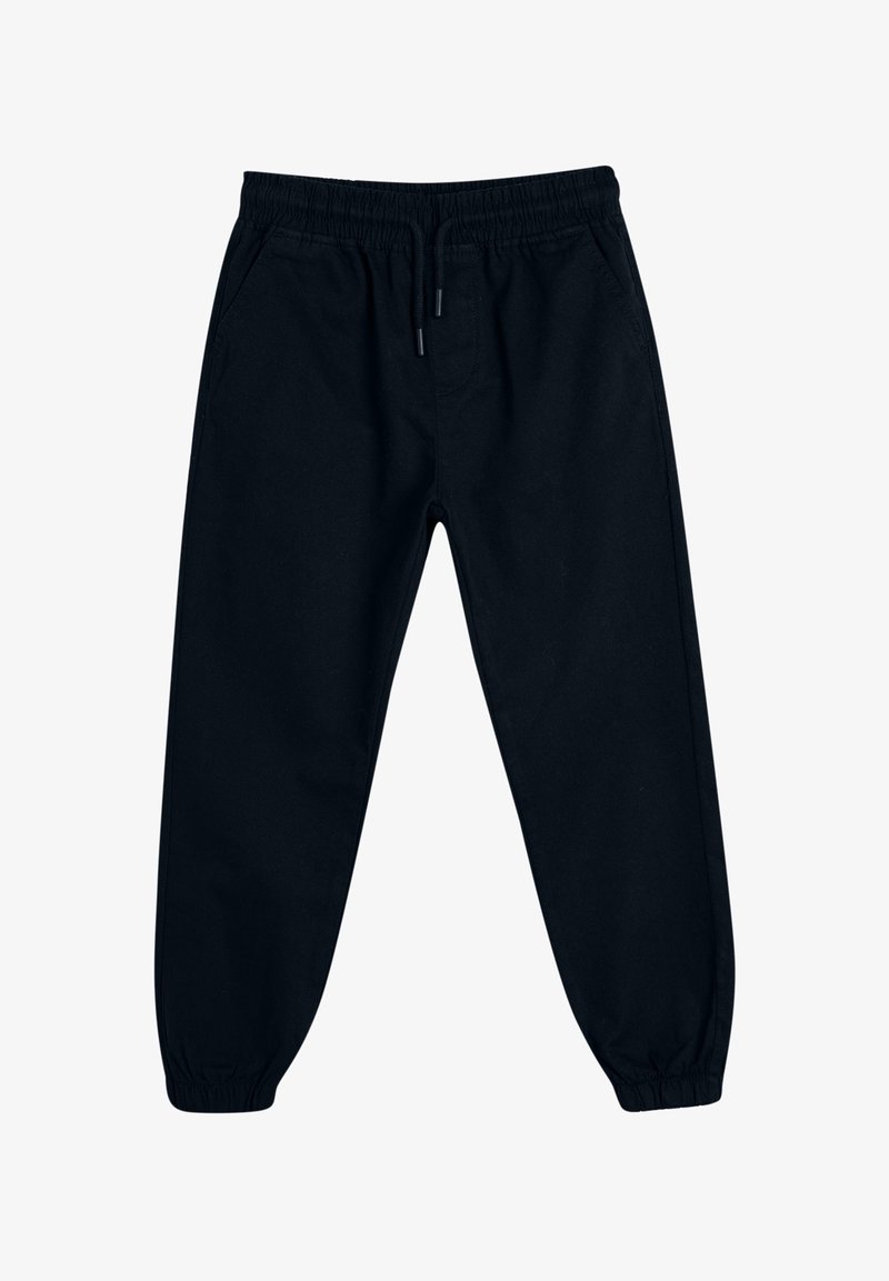 Black jogger pants made of soft fabric, featuring an elastic waistband, drawstring closure, and tapered cuffs. No visible patterns or accents.