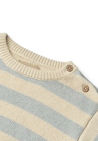 Pull en tricot avec des rayures horizontales crème et bleu clair. Col rond côtelé avec deux boutons en bois sur l'épaule gauche. Texture douce.