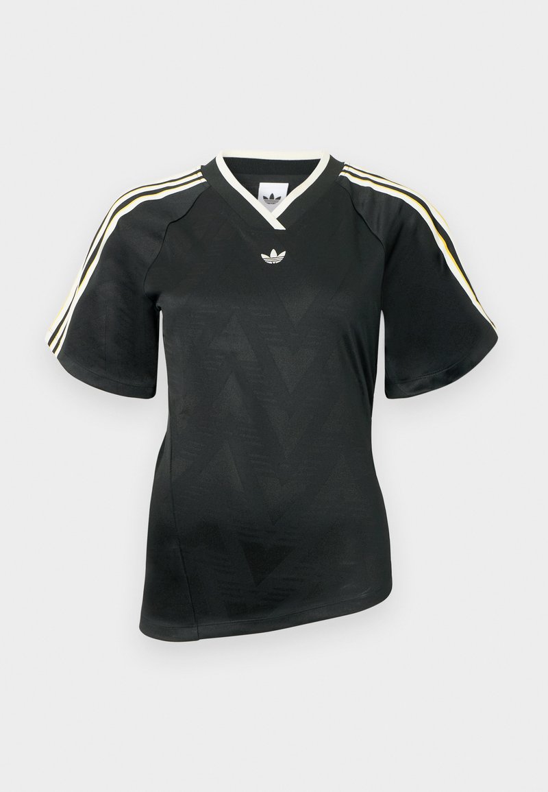 Schwarzes Adidas Sportshirt mit kurzen Ärmeln, weißen und gelben Streifen auf den Schultern, V-Ausschnitt und dezentem Chevron-Muster auf der Vorderseite.