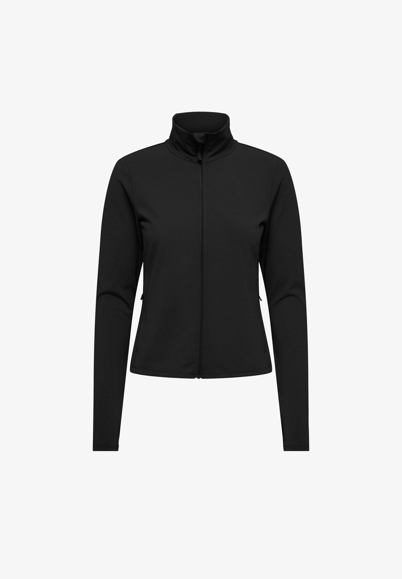 Veste noire à manches longues avec col montant et fermeture éclair frontale, coupe ajustée et deux poches latérales zippées, présentée sur fond blanc.