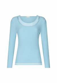 Pull à manches longues bleu clair avec une texture côtelée, présentant un col large et arrondi ainsi qu'une bande étroite contrastante à l'ourlet.