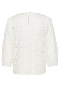 Witte kanten blouse met een textuurpatroon, losse pasvorm en ronde hals. Heeft een keyhole sluiting aan de achterkant en puff mouwtjes.