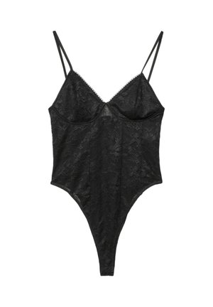 Čierny čipkovaný body s hlbokým výstrihom do V, nastaviteľnými ramienkami a vysokým strihom na nohách, zdobený kvetinovými vzormi a vlnitými okrajmi.